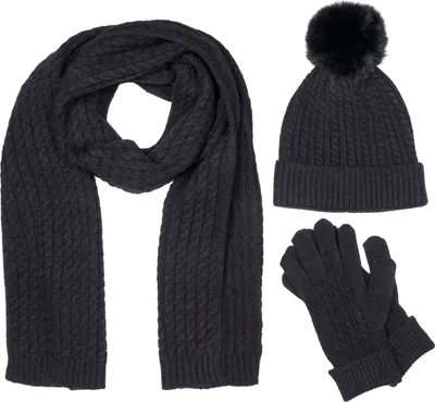 Produktbild von styleBREAKER Damen Set 3-Teilig aus Schal, Bommelmütze und Handschuhe, Zopfmuster Strickschal Warm Winter Einfarbig 01018270