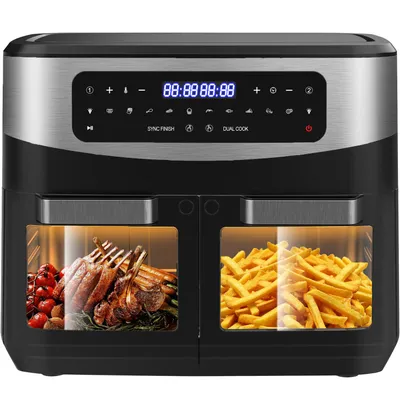 Produktbild von Heißluftfritteuse Doppelkammer Airfryer 12L-Heissluftfriteuse XXL Friteuse mit Sichtfenster,  2 Fächer, 10 Programmen, Sync Finish & Dual Cook, 2600W