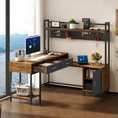 Produktbild von MODFU Schreibtisch mit Bücherregal,140 x 140 x 135 cm,Eckschreibtisch L-Förmig,Laptoptisch mit Schubladen und Rückwand,Schwarz + Natur