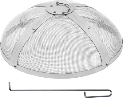 A silver mesh fire pit cover and a metal tool are shown against a white background.