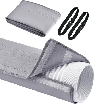 A gray insulated cover for an air conditioner hose, with two black adjustable straps.