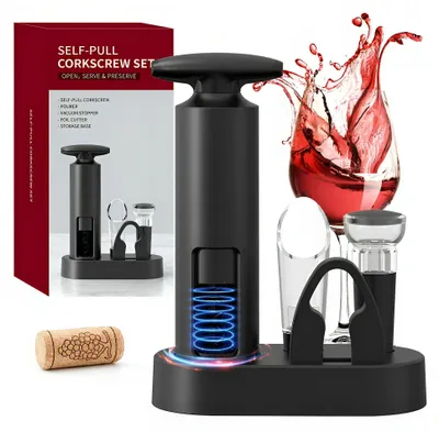 5-in-1 Weinflaschenöffner-Set mit Ständer, Korkenzieher, schwarz
