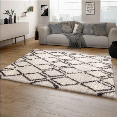 Produktbild von Hochflor Teppich Wohnzimmer Shaggy Langflor Skandinavisches Rauten Muster Modern Grösse 80x150 cm