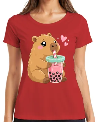 Immagine prodotto di Maglietta da donna con la scritta "Kawaii Capybara Boba Bubble Tea Süß Wasserschwein Japan Nagetier", colore rosso, taglia 3XL