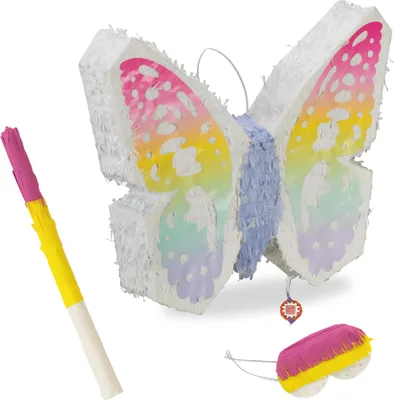 Image de Relaxdays Piñata papillon, avec bâton et masque, piñata pour enfants, anniversaire, à remplir, H x l x P : 48 x 58 x 10 cm, multicolore