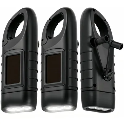 Produktbild von 3er Solar Taschenlampe Handkurbel mit Karabiner, Tragbar LED Notfall-Licht, 3 LED, Mini Kurbeltaschenlampe Wiederaufladbare für Camping, Wandern