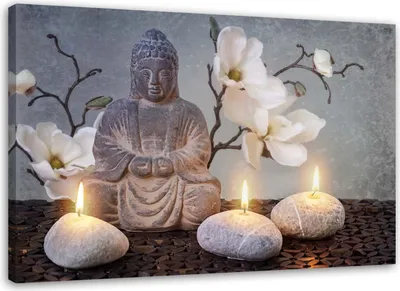 Produktbild von Leinwandbild buddha und kerzen 120x80 cm Feeby grau wandbild bereit zum aufhängen