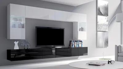 Produktbild von Wohnwand CALABRINI-1 Hängewohnwand, Modern, Schwarz, Hochglanz, mit LED-Beleuchtung, gehärtetes Glas, grifflos, 5 cm,  (Weiß / Schwarz Hochglanz)