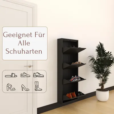 Produktbild von Furni24 Metall Schuhschrank Schwarz schmal – Schuhkipper mit 4 Klappen (für 8-12 Paar Schuhe), Schuhregal für Flur & Diele, platzsparend, vormontiert