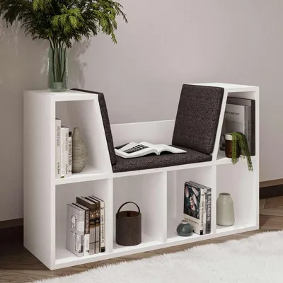 Image de Skye Decor, bibliothèque haut de gamme, 103 x 63 x 30 cm, 100 % aggloméré mélaminé, épaisseur 18 mm, coussin 100 % polyester inclus, design moderne et élégant, couleur blanche.