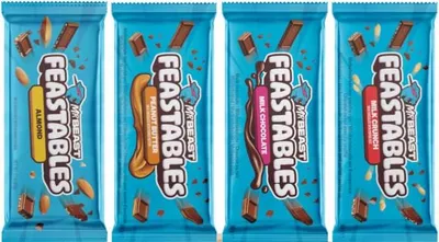 Produktbild von Mr Beast Feastables Schokoladenriegel | 4er-Pack: Peanut Butter, Milk Chocolate, Milk Crunch & Almond | 4 x 60g | +Heartforcards Versandschutz