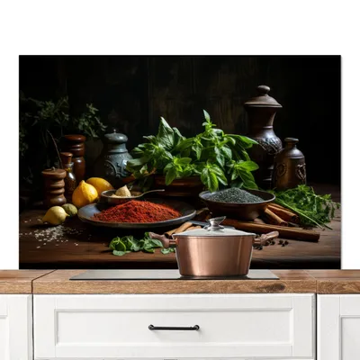 Produktbild von KitchenYeah®  Spritzschutz Küche - Küchenrückwand - Wandschutz für Herd und Spüle - Kräuter - Stilleben - Gewürze - Schwarz 120x80 - Alu-Dibond (Alternative zum Spritzschutz aus Glas) - Hitzebeständig