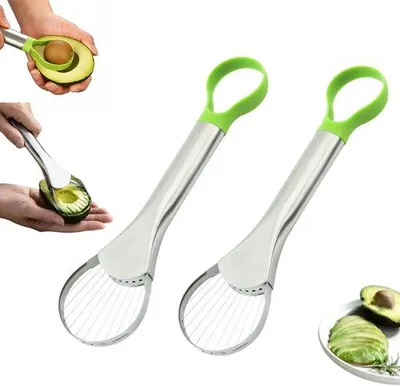 Immagine prodotto di Lama bimesa in acciaio inossidabile - Taglia-avocado - Utensile per avocado - Dispositivo per rimuovere il nocciolo dell'avocado - 24 x 6,4 cm - Maneggevole - Utensile da cucina - Ideale per tagliare frutta morbida come kiwi, papaya, mango e pitaya - Verde