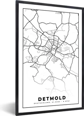 Produktbild von MuchoWow® Gerahmtes Poster Karte - Stadtplan - Detmold - Karte 20x30 cm - Poster mit Schwarzem Bilderrahmen Wandposter Rahmen Foto Bilder - Drucken - Bilder Poster im Rahmen