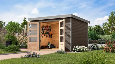 Produktbild von Karibu Gartenhaus Hybridhaus Metall Jupiter 5 terragrau 298,5x242,5x209 cm