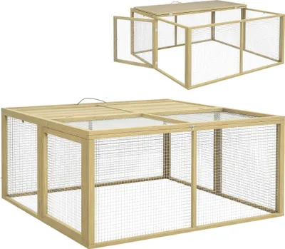 Produktbild von PawHut Kaninchenstall aus Holz, Klappbar Kleintierstall mit Freilaufgehege Natur