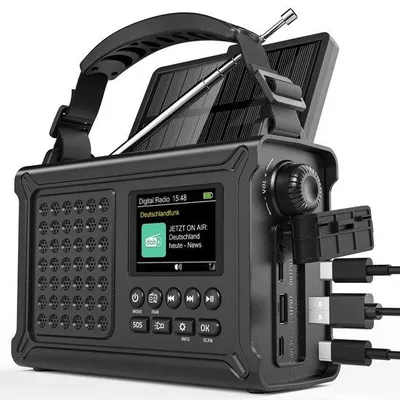 Zdjęcie produktu dla Przenośne, wielofunkcyjne radio słoneczne Unyqoos® z korbką i teleskopową anteną, akumulator 12 000 mAh, Bluetooth, latarka LED, podwójny budzik, funkcja ładowania w sytuacjach awaryjnych