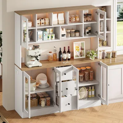 Immagine prodotto di MODFU, mobiletto buffet alto, 150x40x173 cm, armadio per cucina con 3 cassetti e 6 ante in acrilico, dispensa per cucina con illuminazione a LED e prese di corrente, colore bianco