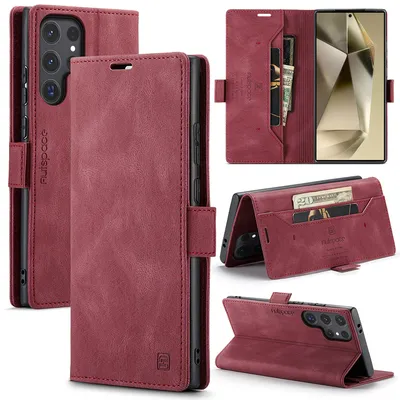Produktbild von Galaxy S25 Ultra Brieftasche Hülle, Retro Kunstledertasche Stand Schutzhülle für Samsung Galaxy S25 Ultra Rot