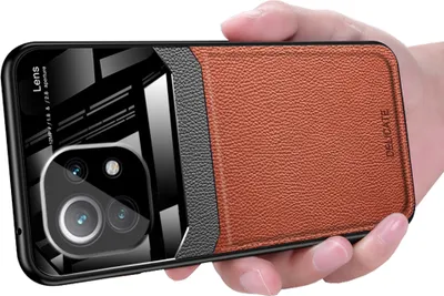 Produktbild von Xiaomi Mi 11 Hülle, TPU Stossfest Anti-rutsch Leder Glas Len Hybrid Schutzhülle für Xiaomi Mi 11 Braun