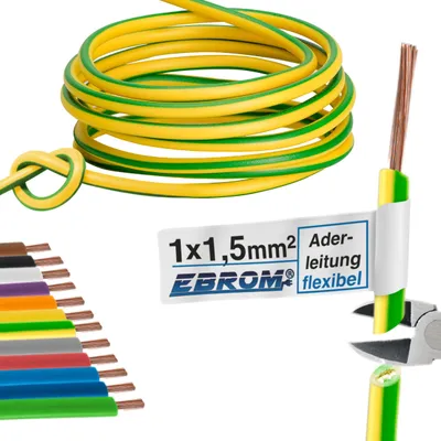 Produktbild von Aderleitung Verdrahtungsleitung - Einzelader flexibel 1,5 mm2 - PVC Leitung - H07V-K 1,5 mm² - Farbe: grün gelb - viele Längen in 5 Meter-Schritten lieferbar, Ihre Länge: nach Auswahl