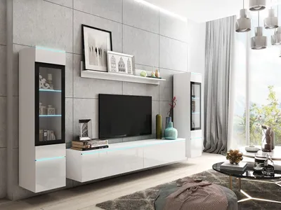 Produktbild von MIRJAN24 Wohnwand Vera II, Stilvoll Wohnzimmer-Set, TV-Schrank, Modern Mediawand (Weiß / Weiß Hochglanz, mit Beleuchtung)