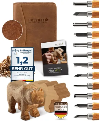 Produktbild von HOLZHELD Schnitzwerkzeug und Schnitzrohling (17-teilig) in sehr edler Ledertasche. Inkl. Anleitung zum Schnitzen & gr. Holzrohling aus Lindenholz