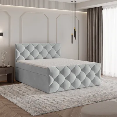 Produktbild von Masseno Boxspringbett ROVARI 200x200 cm Komplett-Set mit Bonell Matratze und Topper, Polsterbett mit Bettkästen - Hellgrau, PAROS 05