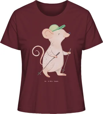 Produktbild von Mr. & Mrs. Panda Oberteil Damen Maus Walking Größe M - Burgundy - Geschenk, Damenshirt, Schnelles Gehen, Spazieren, T-Shirt Kurzarm, Walken, Kurzarmshirt, Basic Shirt