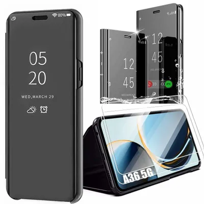 Image de Coque + 2 Verres Trempés pour Samsung Galaxy A36 5G, Protection Effet Mirror Smart Case Rabat Flip Clear View - Noir