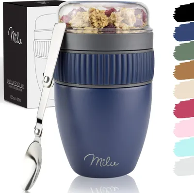 Produktbild von Milu Müslibecher to go 400ml I isolierter Edelstahl Joghurtbecher für Müsli I auslaufsicherer Becher mit Löffel für Yoghurt/Porridge (Navyblau)
