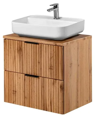 Produktbild von Badmöbel Set mit Waschtisch-Unterschrank Wotaneiche gerillt, 50 cm Keramik-Waschbecken, 2 Softclose-Schubkästen, B/H/T 60,6/73,2/46,5 cm