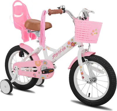 Produktbild von HILAND Joystar 14 Zoll Kinderfahrrad mit Stützrädern, Puppenfahrradsitz, Luftschlangen, Korb, Klingel, DIY-Aufklebern, Schutzblechen, für Mädchen,Weiß