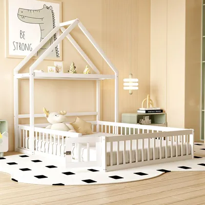 Produktbild von Kinderbett 140 x 200, Kinderbettgestell aus Massivholz mit Stauraum, Vollschutzgitter und Türen und Lattenrost, weiß