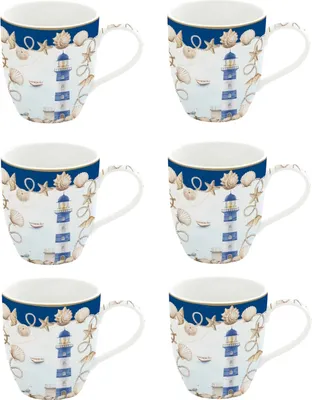 Produktbild von 6er Set Becher BLUE LIGHTHOUSE Leuchtturm 350ml aus Porzellan in GB Easy Life