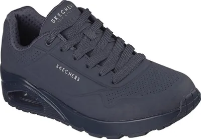 A single navy blue Skechers sneaker is shown from a side angle on a white background.