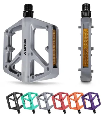 Image de Pédales de vélo plates en nylon, gris, avec réflecteurs et picots antidérapants, filetage 9/16"