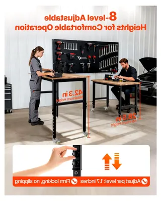 Produktbild von Werkbank mit 680 kg Tragkraft, Werkstatttisch mit Rollen, 122x60 cm große Eichenholz-Arbeitsplatte, höhenverstellbar von 725-1075 mm, Werktisch für Garage, Werkstatt, Zuhause und Büro