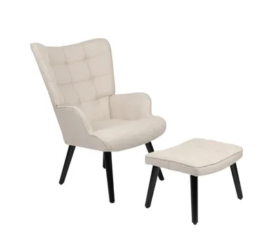 Produktbild von Hela Tische, Lounge Sessel, Ohrensessel PAROS -mit Fußhocker -Webstoff Beige -gepolsterte Armlehnen - Breiter Sitz -ergonomische Lehne -Massivholz Fuß