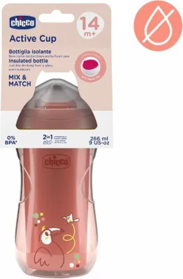 Immagine prodotto di Chicco Active bicchiere antigoccia per bambini 266 ml, 1 bicchiere per biberon 14+ mesi, thermos isolato con beccuccio ergonomico e valvola Easy Sips, senza , rosa