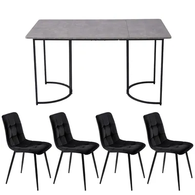 Produktbild von Flieks Essgruppe Esstisch mit 4 Esszimmerstuhl, Sitzgruppe Küchentischset 5tlg., Küchentisch mit 4 Esszimmerstuhl, Stuhl mit Samtbezug, Schwarz Grau
