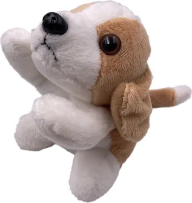 A plush toy dog is shown against a white background.