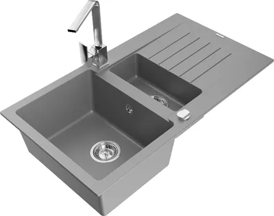 Produktbild von Mexen Matias 1,5-Becken-Granitspüle mit Abtropffläche und Mischbatterie Rita, Grau - 6502-71-670300-00