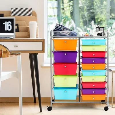 Zdjęcie produktu dla Wózek z 15 szufladami, wózek do przechowywania, wózek łazienkowy z 4 uniwersalnymi kółkami, metalowa rama wózka do biura, kuchni, łazienki, salonu (kolorowy)