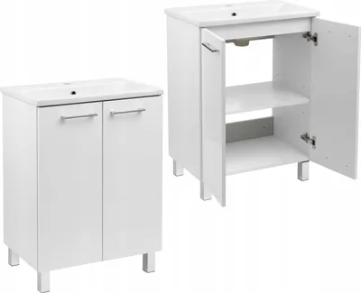 Zdjęcie produktu dla Szafka do Łazienki Biała Stojąca z Umywalką 60x40 2 Drzwi Półka Połysk