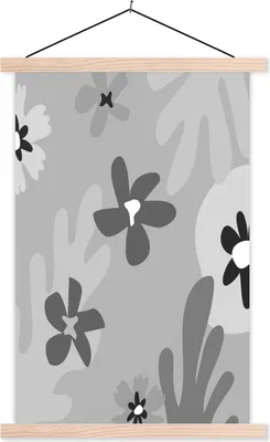Produktbild von MuchoWow® Textilposter Hintergrund - Blumen - Schwarz - Weiß 40x60 cm mit holzfarbenen Rahmen - Poster