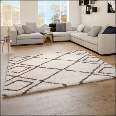 Produktbild von TT Home Teppich Wohnzimmer Hochflor Skandi Stil Mit Rauten Shaggy Modern Größe 60x90 cm