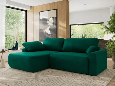 Produktbild von MKS MEBLE Ecksofa CUBO L-form, lose Kissen, Ecksofa 273x187x100 cm mit Schlaffunktion, Bettkasten - Dunkelgrün Velvet - Links Seite
