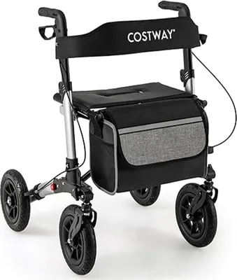 Zdjęcie produktu dla 4-kołowy aluminiowy rollator, składany rollator z wyściełanym siedziskiem i oparciem, opony terenowe i koszyk, lekki rollator z regulacją wysokości