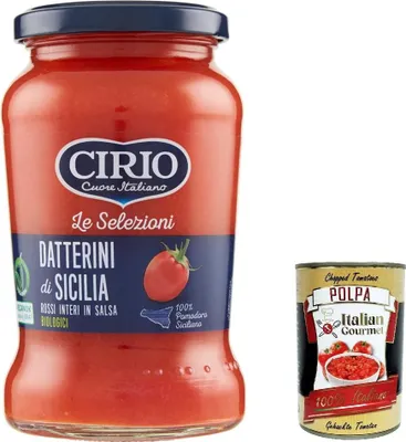 Produktbild von 12x Cirio Le Selezioni Datterini Di Sicilia Rossi Interi In Salsa Biologici, Datterini Tomaten 350 G + Italian Gourmet polpa 400g
